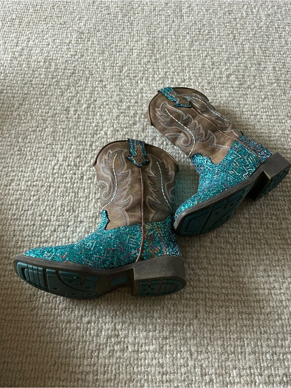 Roper Kids Teal Glitter Cowboy Boots with Brown Shaft